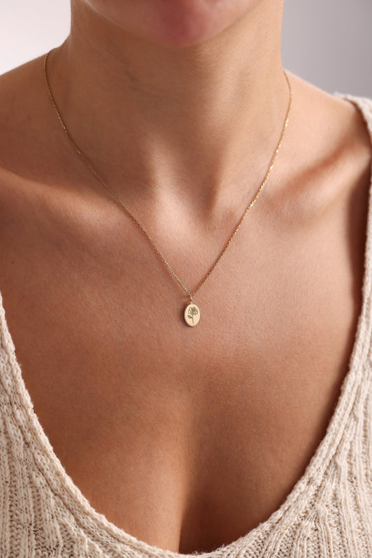 14k Solid Gold Disk Birth Flower Necklace • Unique Birthday Gift for Her • Personalized Disk Month Flower Pendant • Charm Necklace Florals