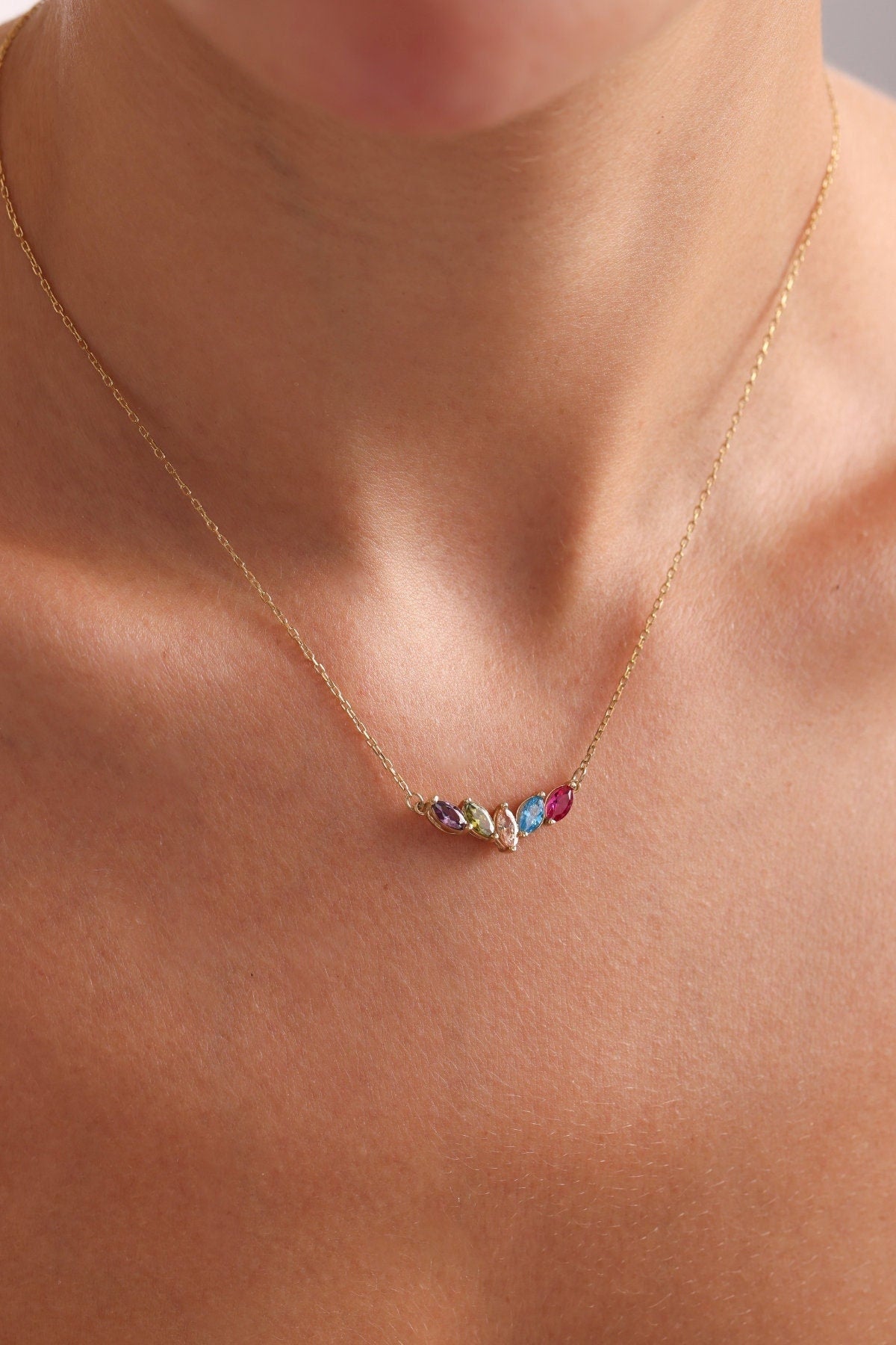 14K Solid Gold Family Birthstone Necklace, Marquise Gemstone Pendant