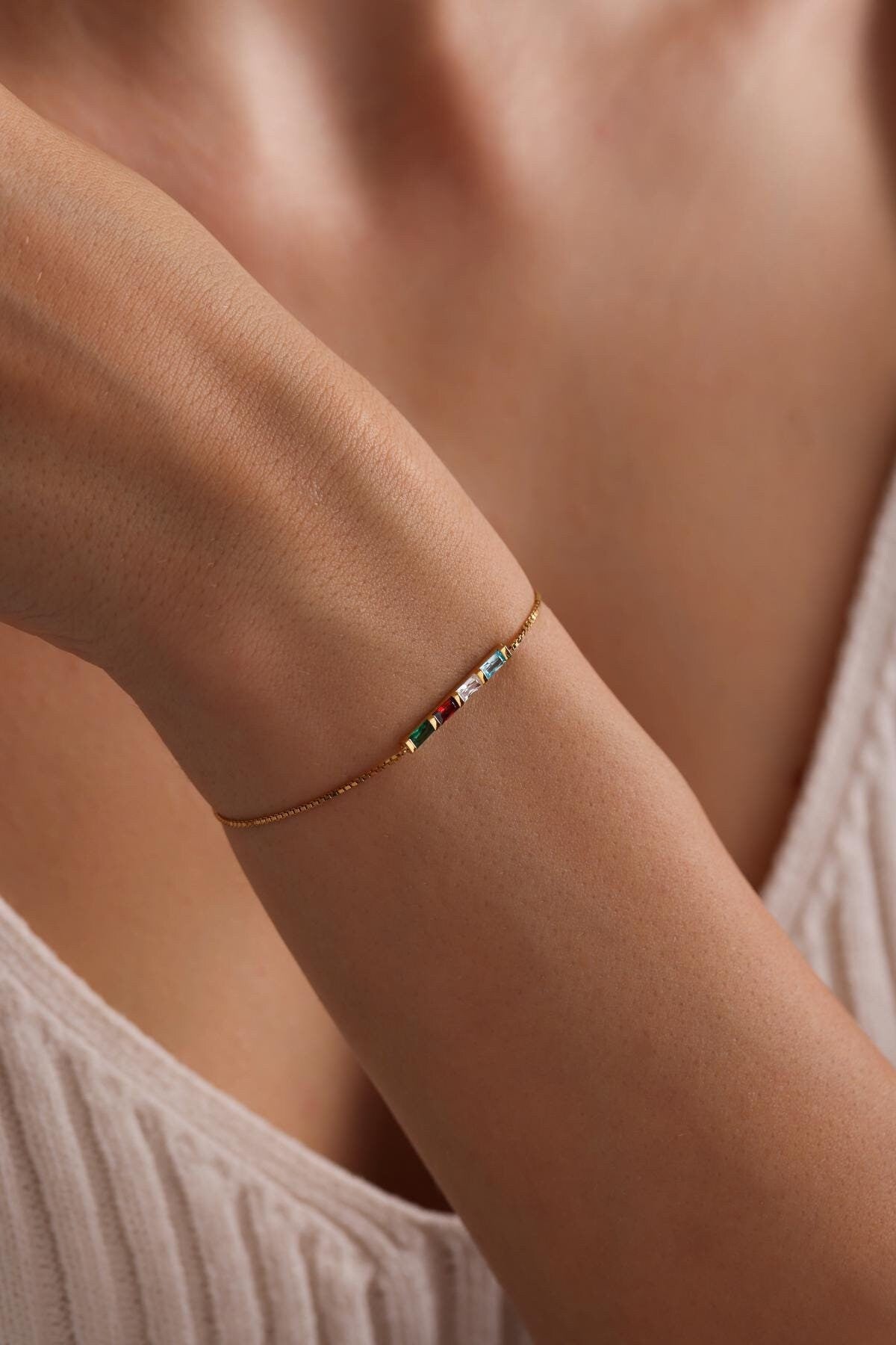 14K Gold Birthstone Bracelet, Baguette Birthstone Bracelet, Graduation Gift, Birthday Gift, Grandma Gift for Mom, Christmas Gift for Her