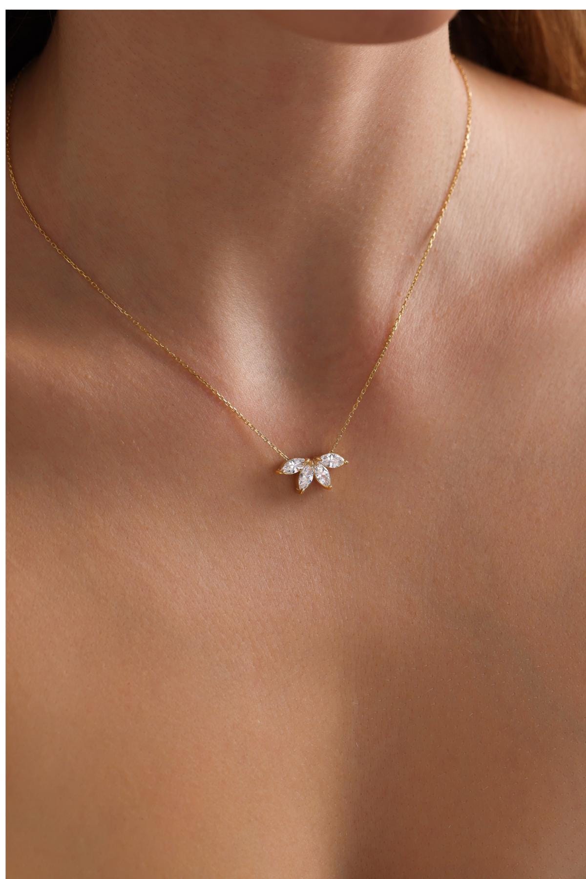 Marquise Diamond Necklace • Flower Petal Diamond Necklace • Birthstone Necklace • Bridesmaid Gift • Wedding Gift for her • Mothers Day Gift
