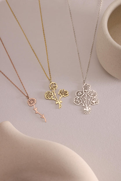 Birth Flower Bouquet Necklace: Personalized Sterling Silver Family Gift