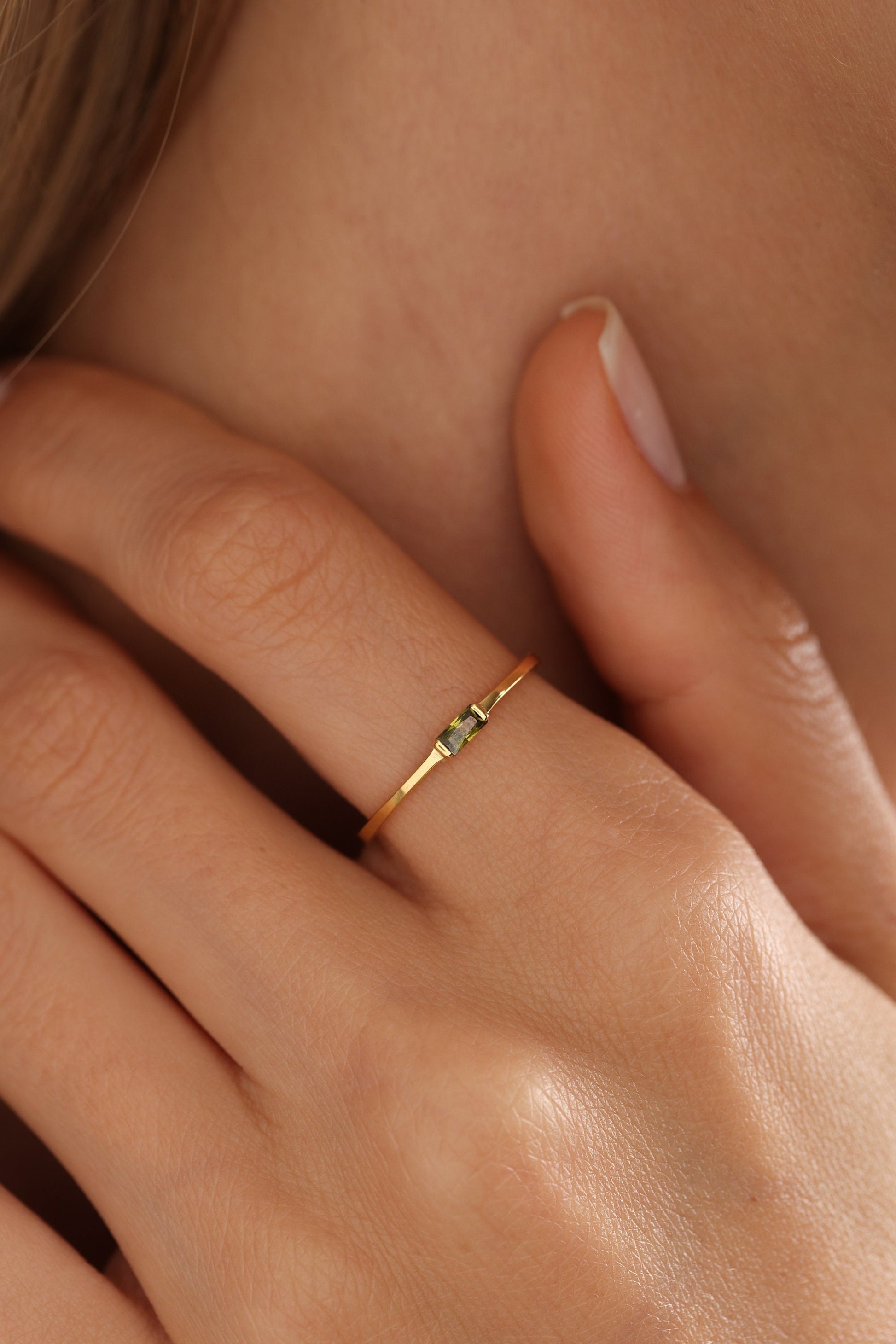 14K Solid Gold Baguette Birthstone Ring, Stackable Ring, Mothers Ring, Promise Ring, Birthday Gift For Mom