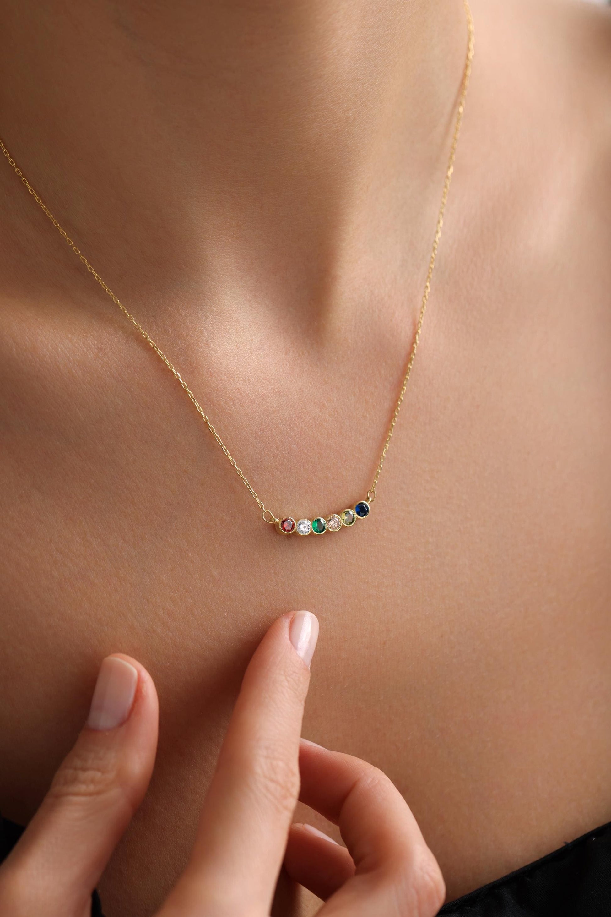 Customized Birthstone Necklace, 14K Gold Family Birthstone Jewelry, Mother's Day Gift