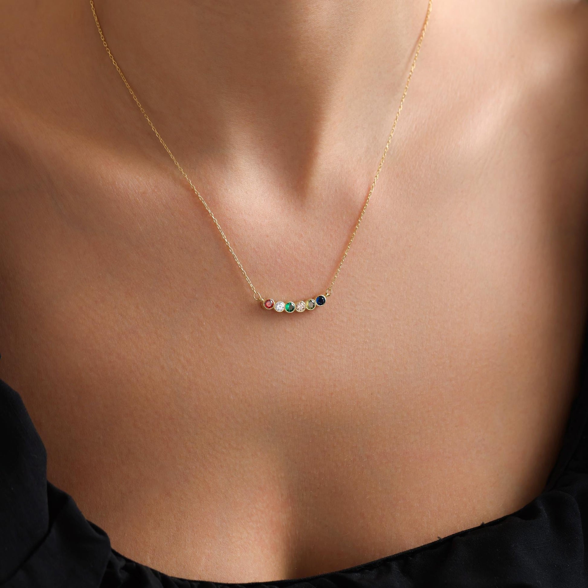 Customized Birthstone Necklace, 14K Gold Family Birthstone Jewelry, Mother's Day Gift