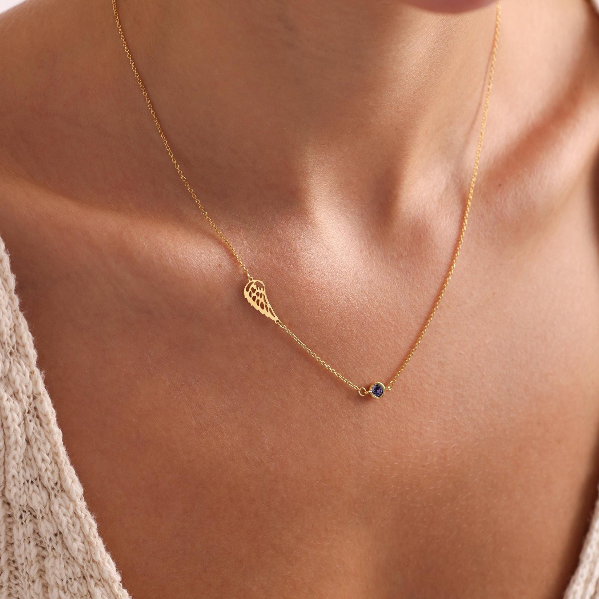 14k Gold Angel Wing Necklace: Birthstone Memorial Gift, Baby Loss Necklace