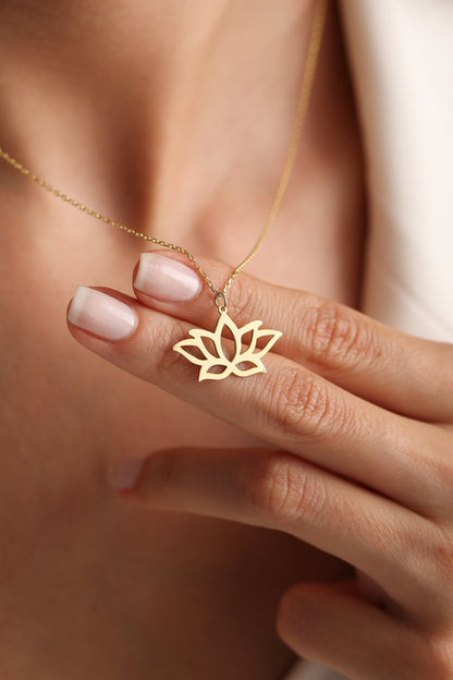 14K Gold Lotus Flower Necklace: Sterling Silver Spiritual Pendant