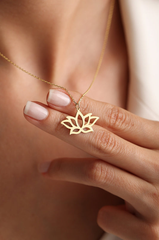 14K Gold Lotus Flower Necklace: Sterling Silver Spiritual Pendant