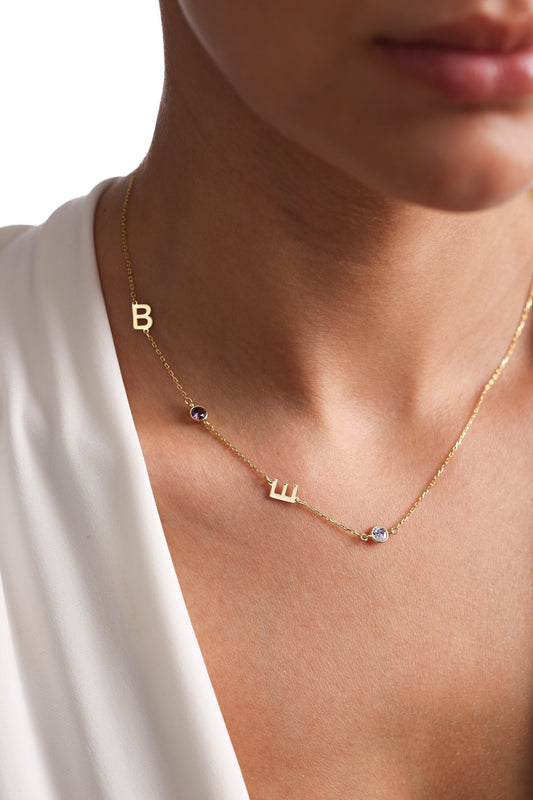 Sideways Initial Birthstone Necklace: Dainty Personalized Jewelry
