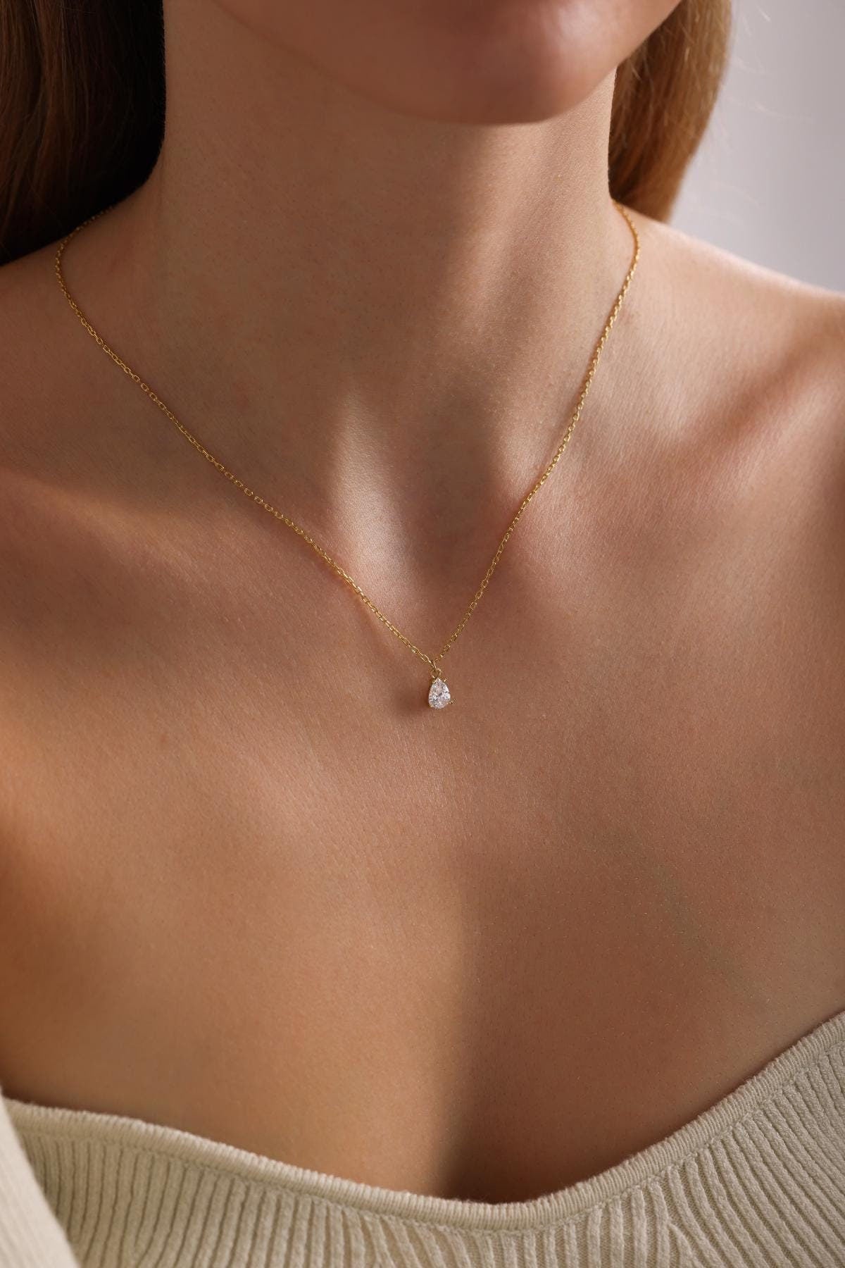 Teardrop Diamond Necklace ,Sterling Silver Diamond necklace, Minimalist Charm Necklace, Daily Wear Necklace for Women, Gift for Her