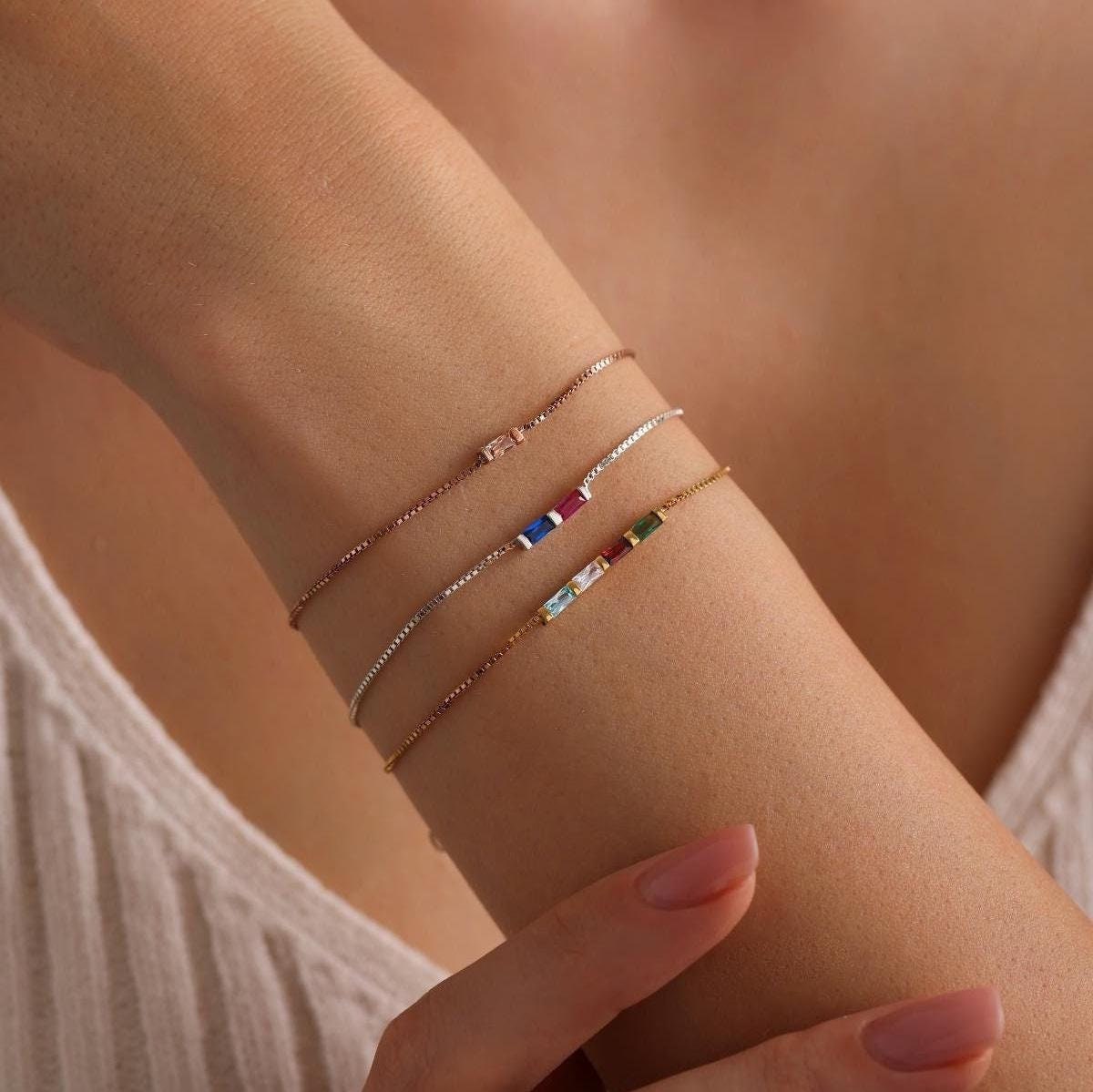 14k Gold Baguette Birthstone Bracelet: Personalized Jewelry Gift