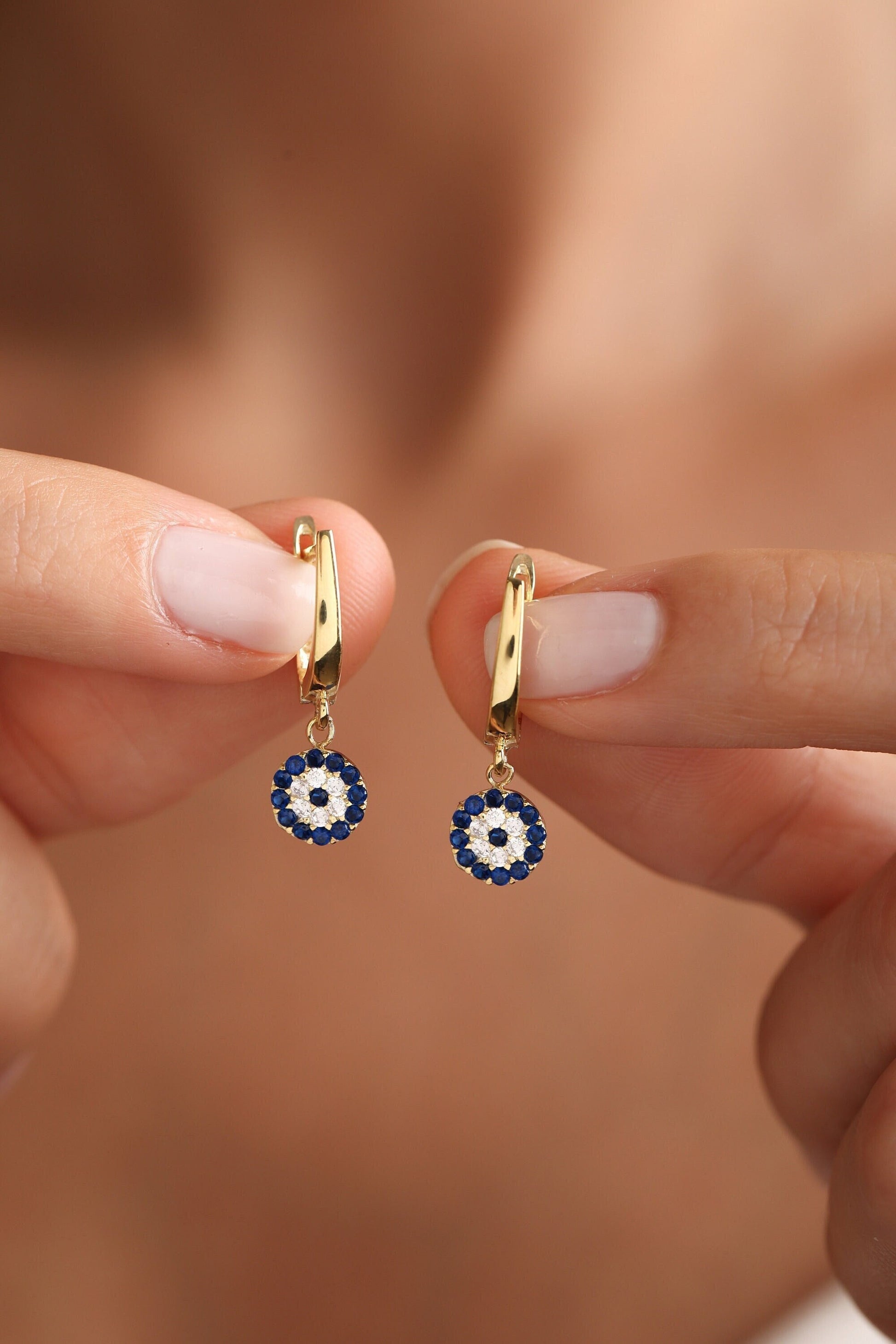 Gold Evil Eye Huggie Hoop Earrings: Sterling Silver Dangle Drop Earrings