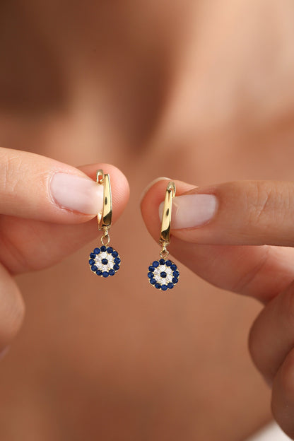 Gold Evil Eye Huggie Hoop Earrings: Sterling Silver Dangle Drop Earrings