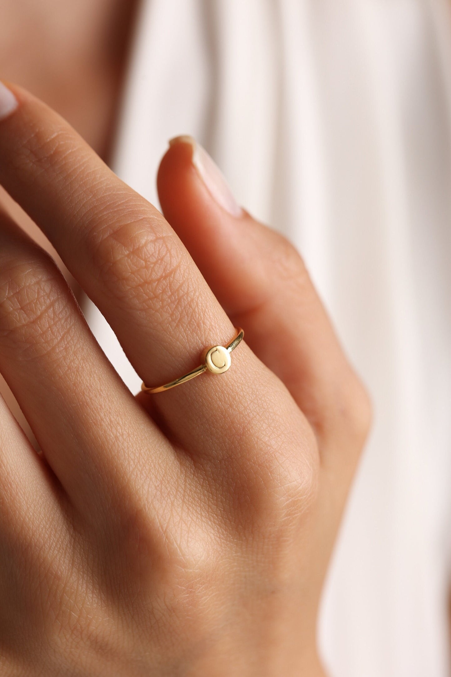 Dainty Engraved Initial Signet Ring: Personalized Sterling Silver Pinky Ring