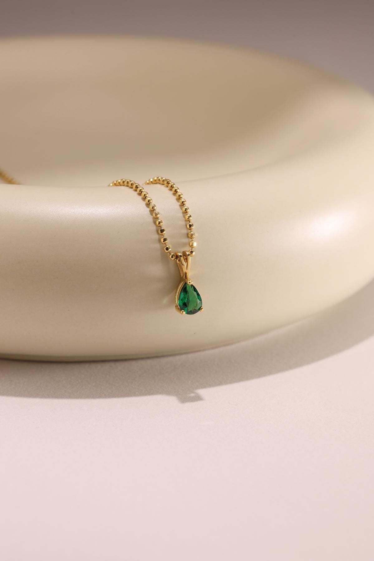 Teardrop Emerald Pendant Necklace: 14k Gold May Birthstone