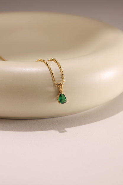 Teardrop Emerald Pendant Necklace: 14k Gold May Birthstone