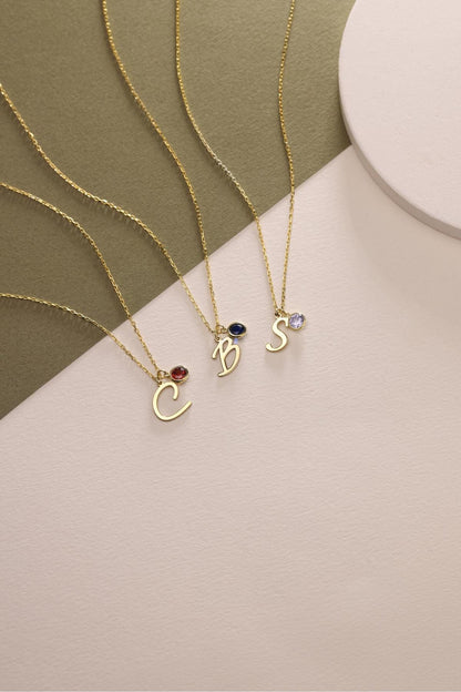 14K Gold Initial Necklace with Birthstone, Custom Initial Necklace, Personalized Necklace, Birthstone Necklace, Birthday Gift for Her