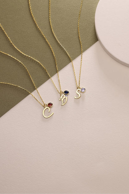 925 Sterling Silver Initial Necklace with Birthstone : Personalized Letter Jewelry , Christmas Gift for Her