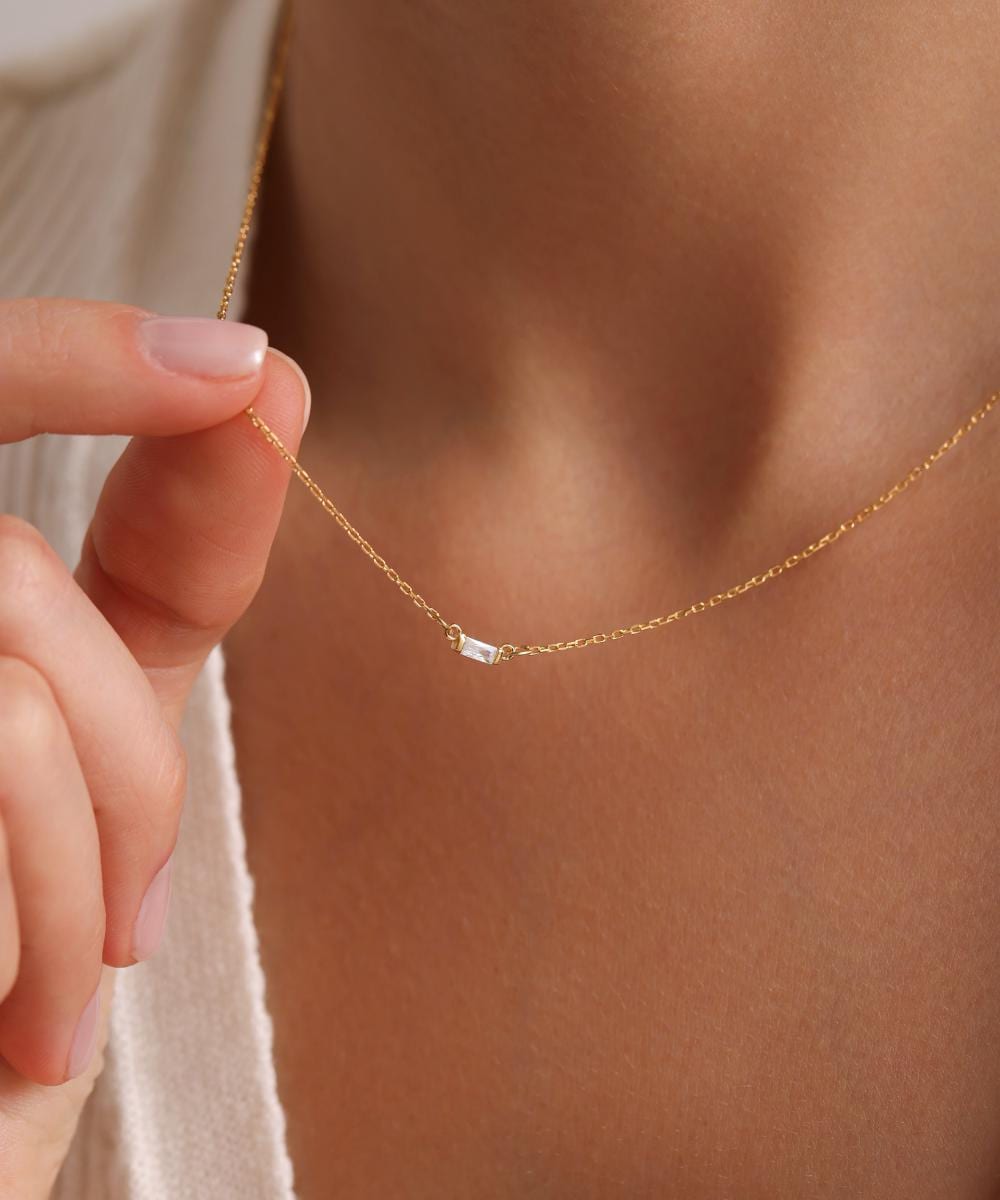 Baguette Diamond Necklace in Gold, Rose Gold, Sterling Silver