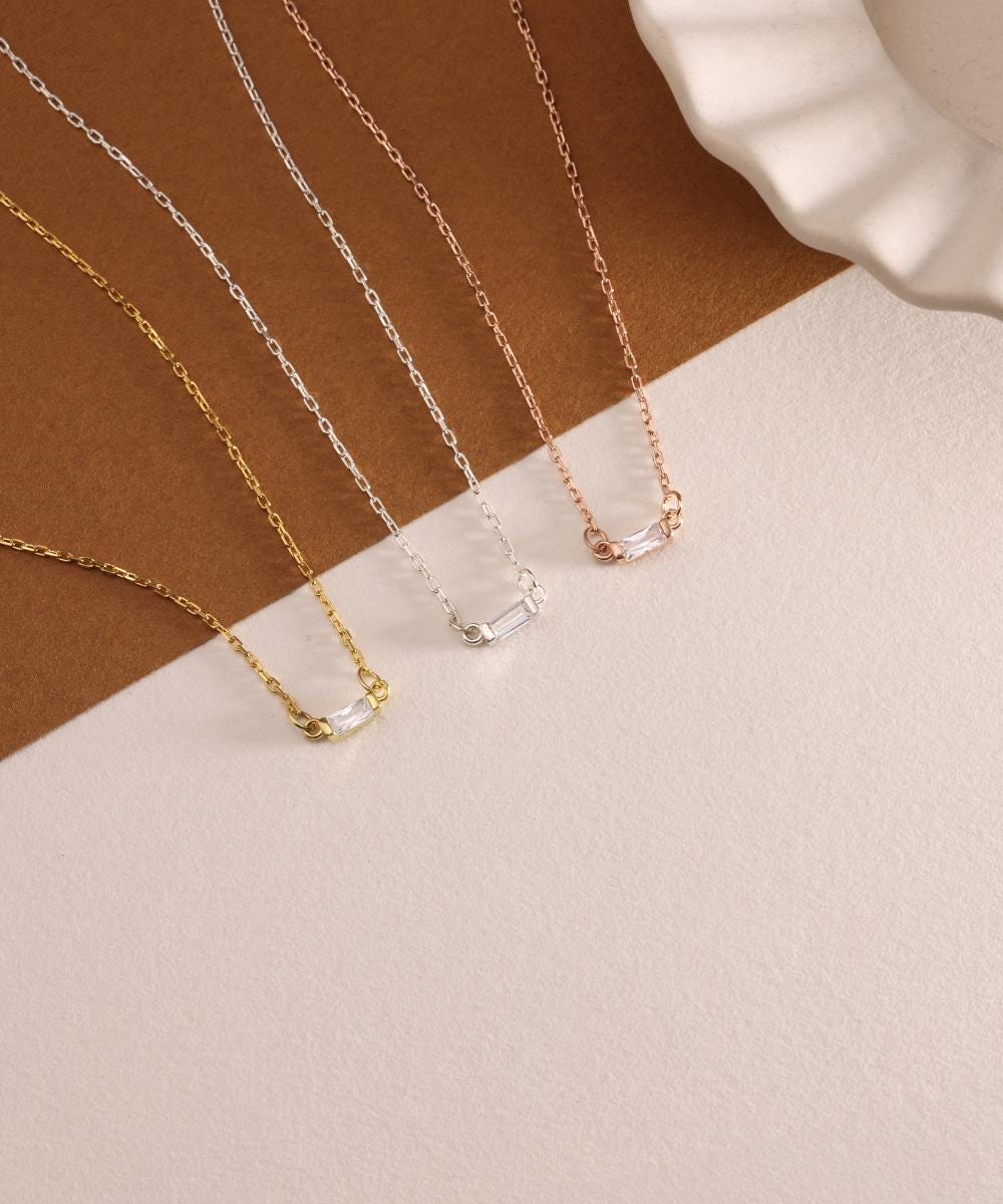 Baguette Diamond Necklace in Gold, Rose Gold, Sterling Silver