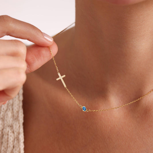 Sideways Cross with Birthstone Necklace in Gold,Dainty Gemstone Cross Necklace, Christian Gifts for Women, First Communion,Personalized Gift