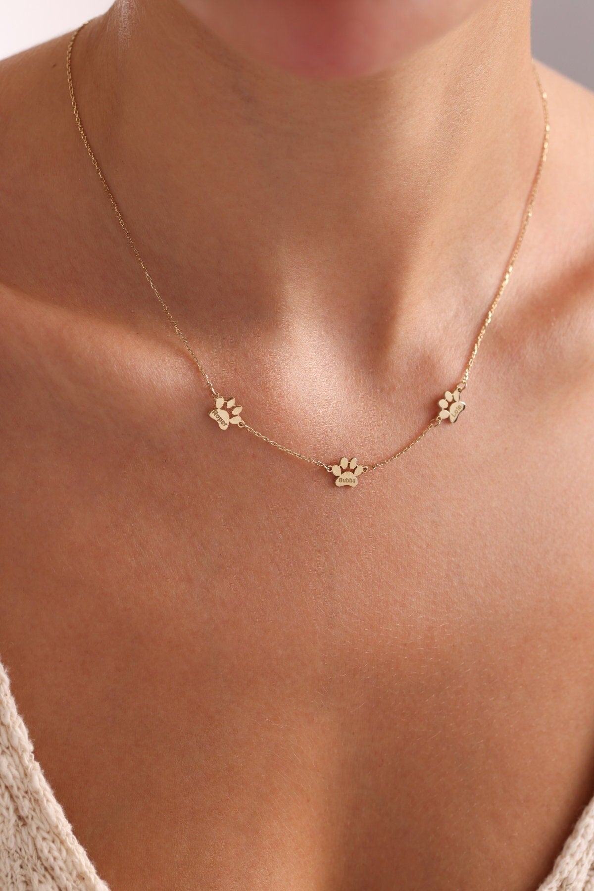 Engraved Paw Print Necklace, Custom Gold Charm Necklace, Unique Pet Keepsake Pet Memorial Necklace, Engraved Name Necklace for Multiple Pets