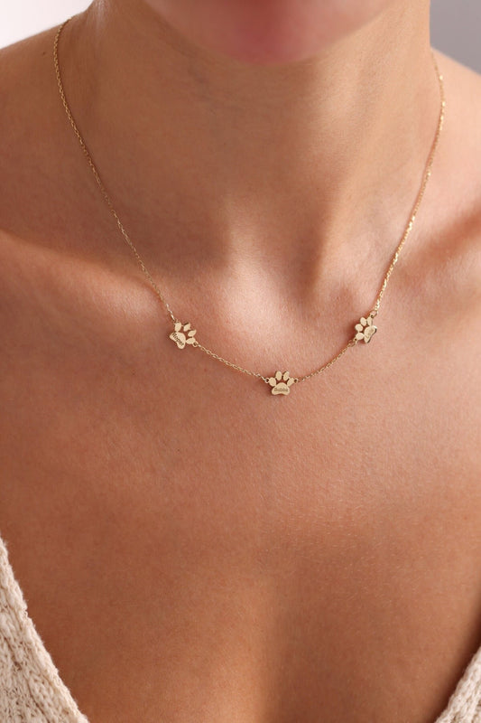 Engraved Paw Print Necklace, Custom Gold Charm Necklace, Unique Pet Keepsake Pet Memorial Necklace, Engraved Name Necklace for Multiple Pets