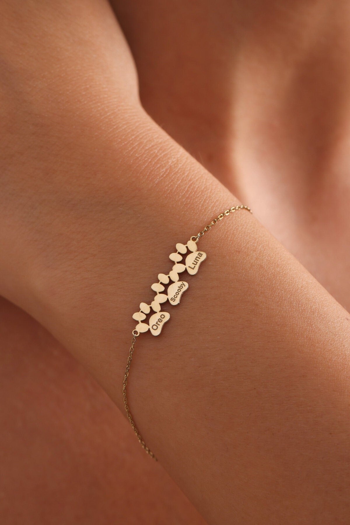 Custom Paw Print Name Bracelet , Personalized Pet Bracelet , Dog & Cat Memorial Jewelry , Pet Lover Gift , Paw Bracelet in Gold or Silver