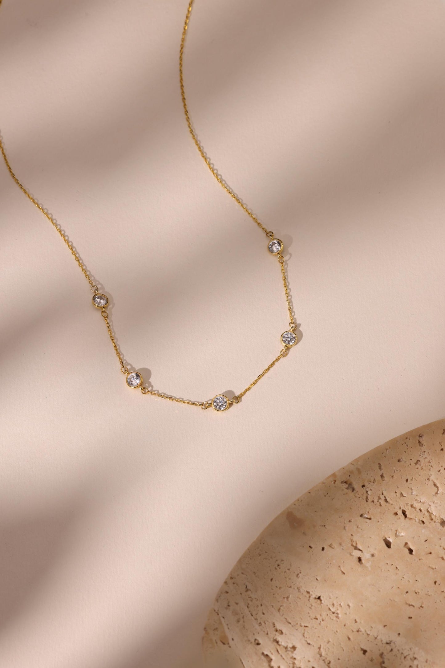 Dainty CZ Diamond Necklace: Round Flower Petal Pendant