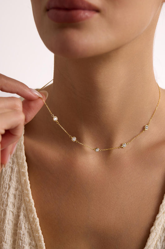 Dainty CZ Diamond Necklace: Round Flower Petal Pendant