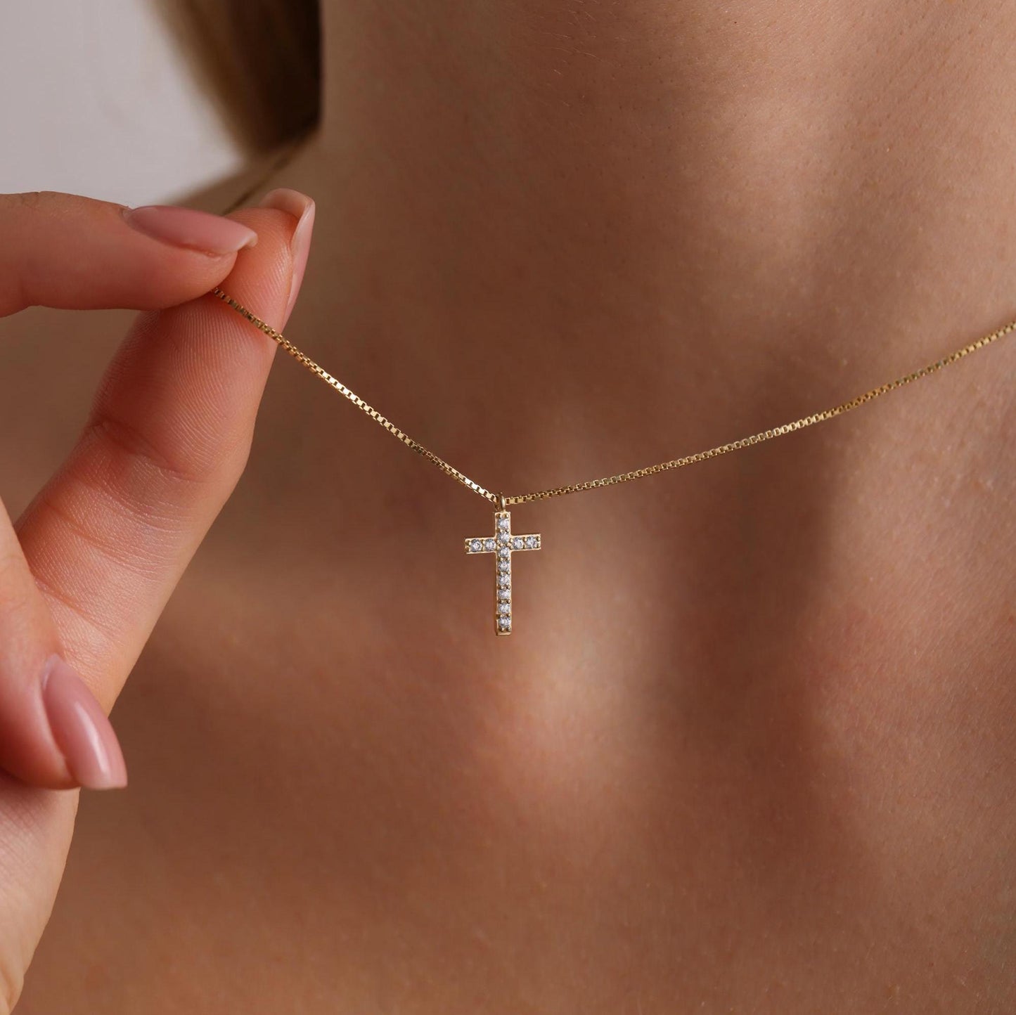 Diamond Cross Necklace for Women ,Cross Necklace with Box Chain,14k Gold Diamond Cross,Baptism Gift,Gift For Her,Gift For Mom