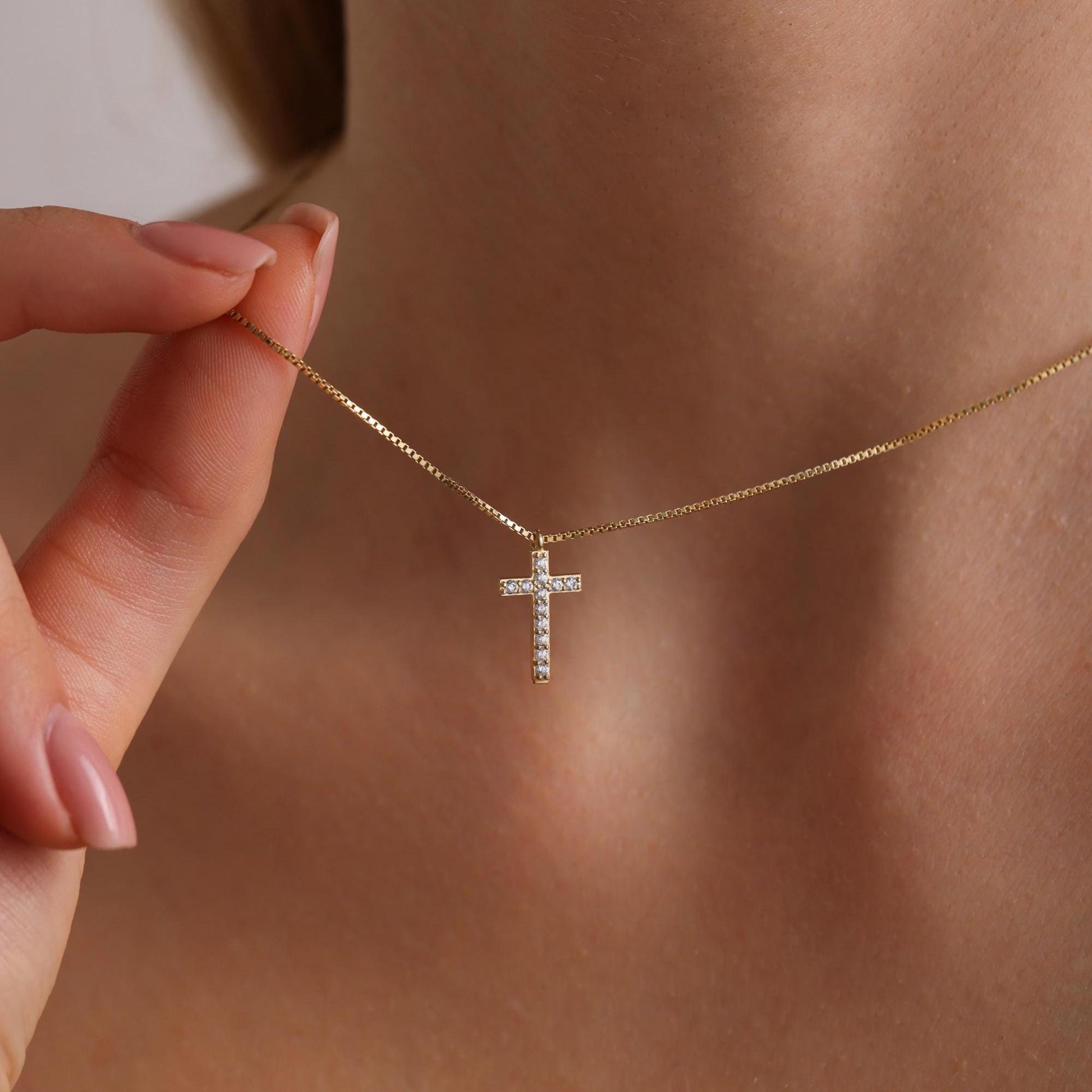 Diamond Cross Necklace for Women ,Cross Necklace with Box Chain,14k Gold Diamond Cross,Baptism Gift,Gift For Her,Gift For Mom