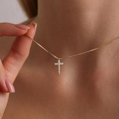 Diamond Cross Necklace for Women ,Cross Necklace with Box Chain,14k Gold Diamond Cross,Baptism Gift,Gift For Her,Gift For Mom