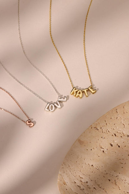 14K Gold 3D Bubble Letter Name Necklace: Personalized Initial Jewelry For Her