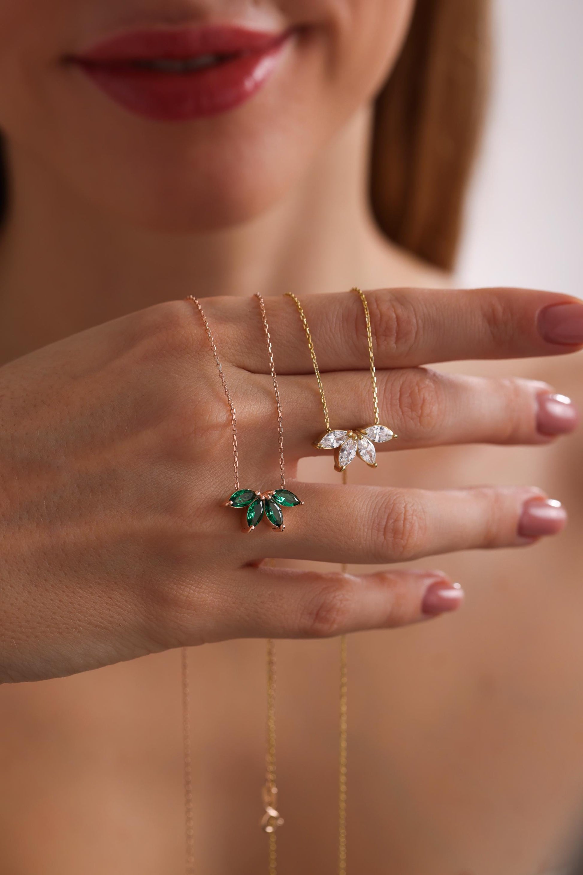 14K Solid Gold Birthstone Necklace: Marquise Flower Petal Diamond Pendant