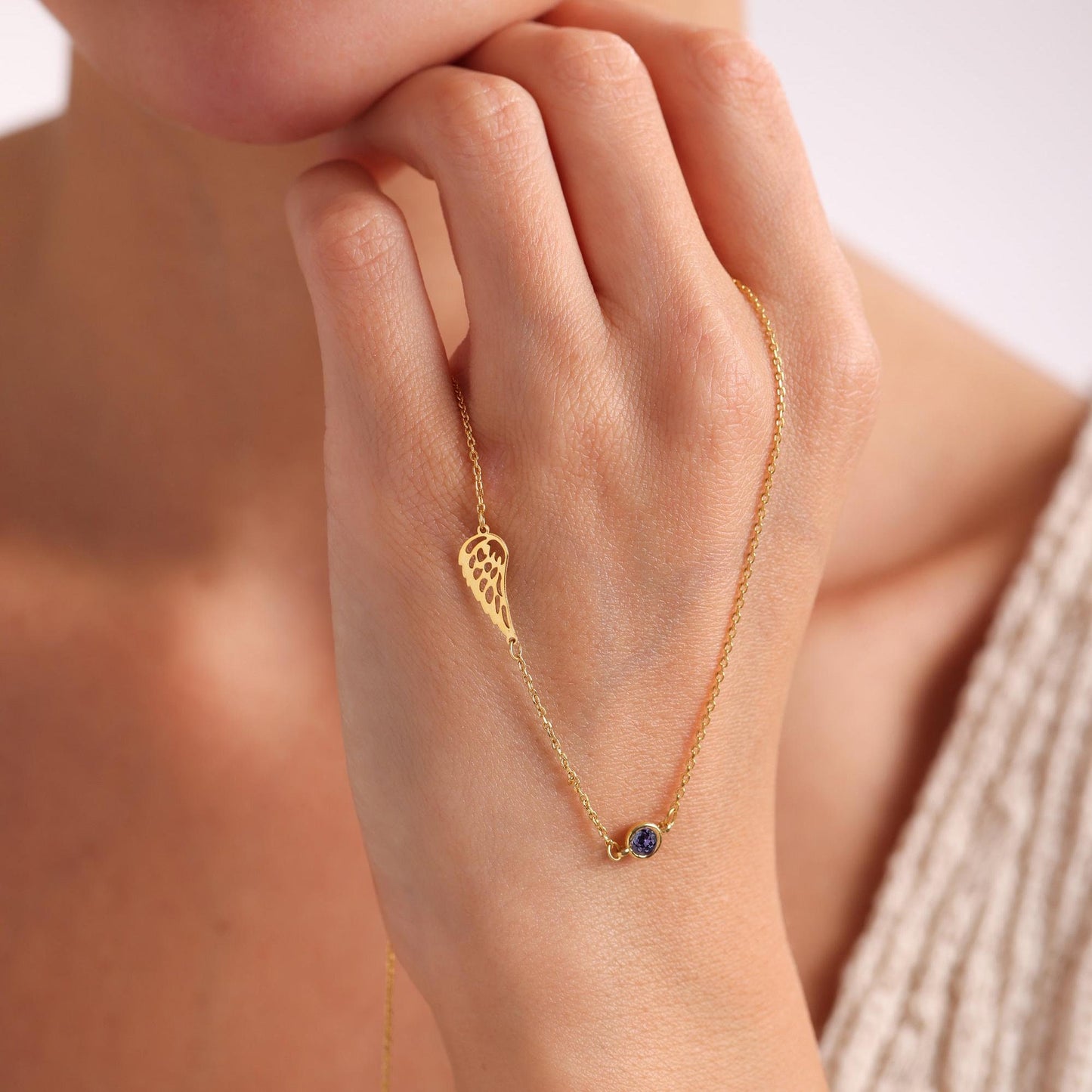 14k Gold Angel Wing Necklace: Birthstone Memorial Gift, Baby Loss Necklace