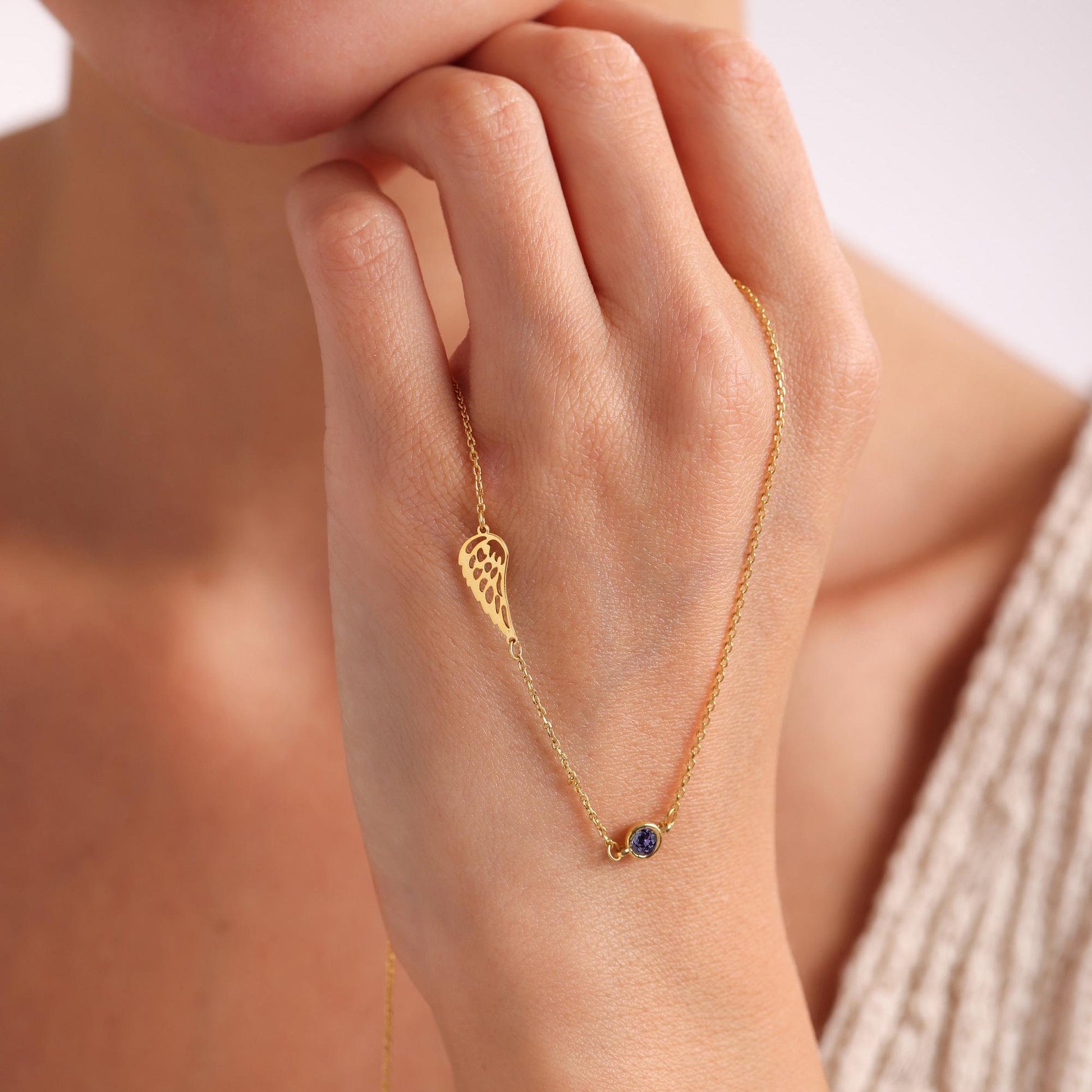 14k Gold Angel Wing Necklace: Birthstone Memorial Gift, Baby Loss Necklace
