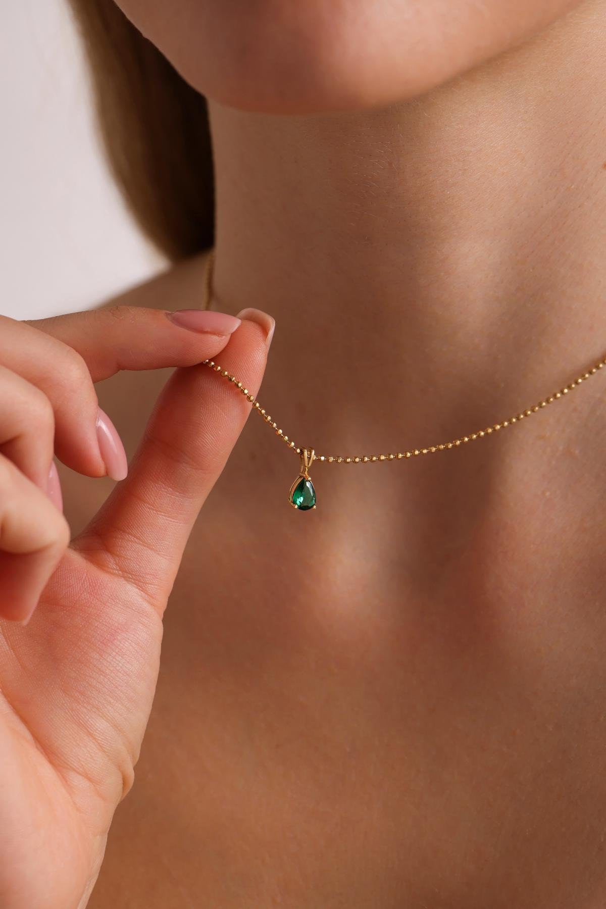 Teardrop Emerald Pendant Necklace: 14k Gold May Birthstone