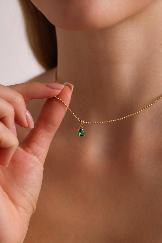 Teardrop Emerald Pendant Necklace: 14k Gold May Birthstone