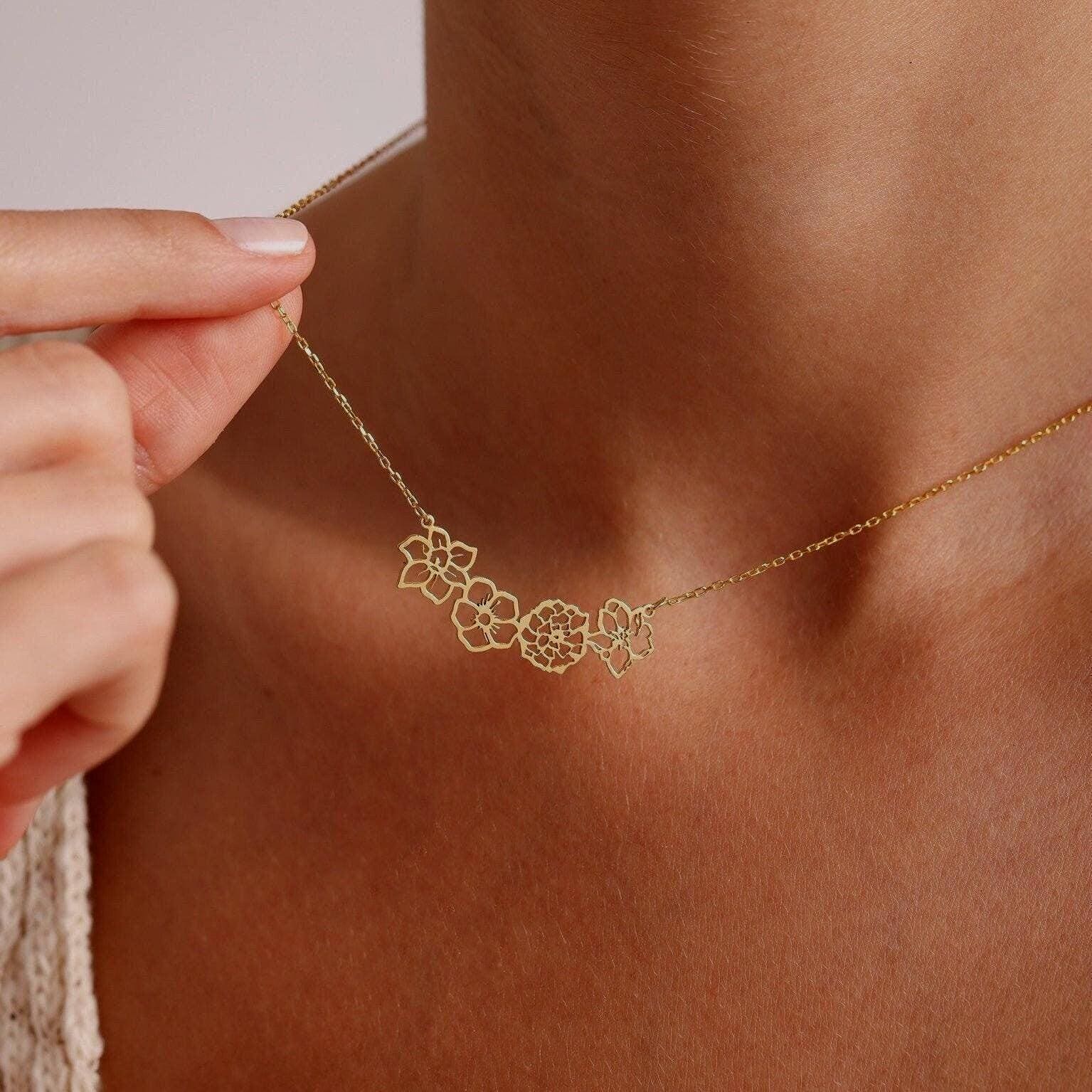 14K Gold Birth Flower Bouquet Necklace, Personalized Family Jewelry, Mother's Day Jewelry