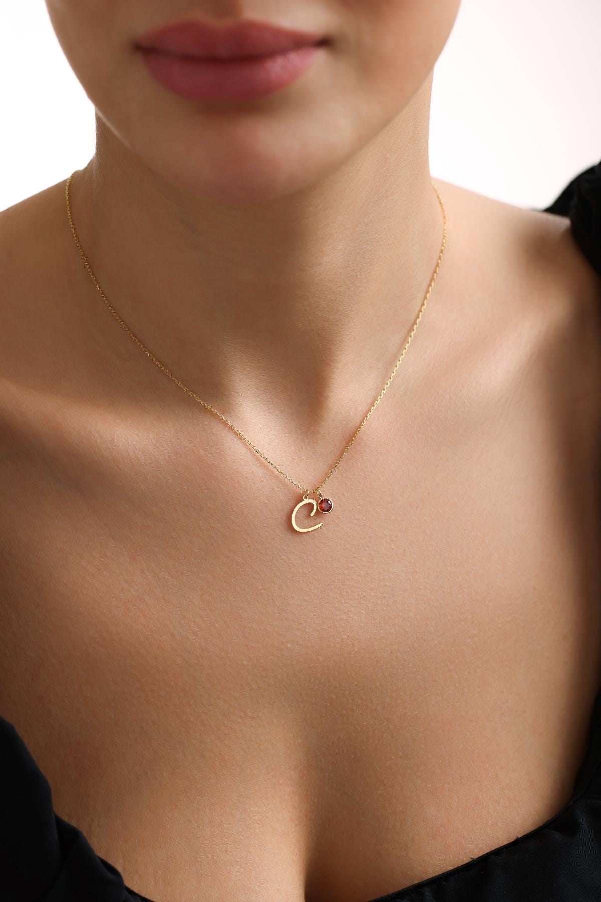 14K Solid Gold Initial Necklace with Birthstone, Personalized Letter Necklace , Christmas Gift For Her