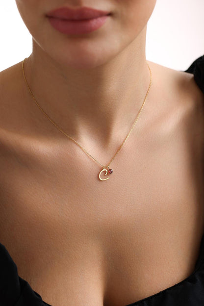 14K Solid Gold Initial Necklace with Birthstone, Personalized Letter Necklace , Christmas Gift For Her