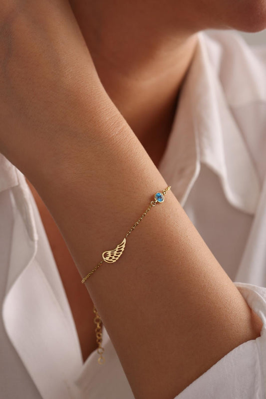 Angel wing Bracelet, Custom Birthstone Gift for Her, Guardian Angel, Dainty Sentimental Memorial Jewelry, Loss of Loved One