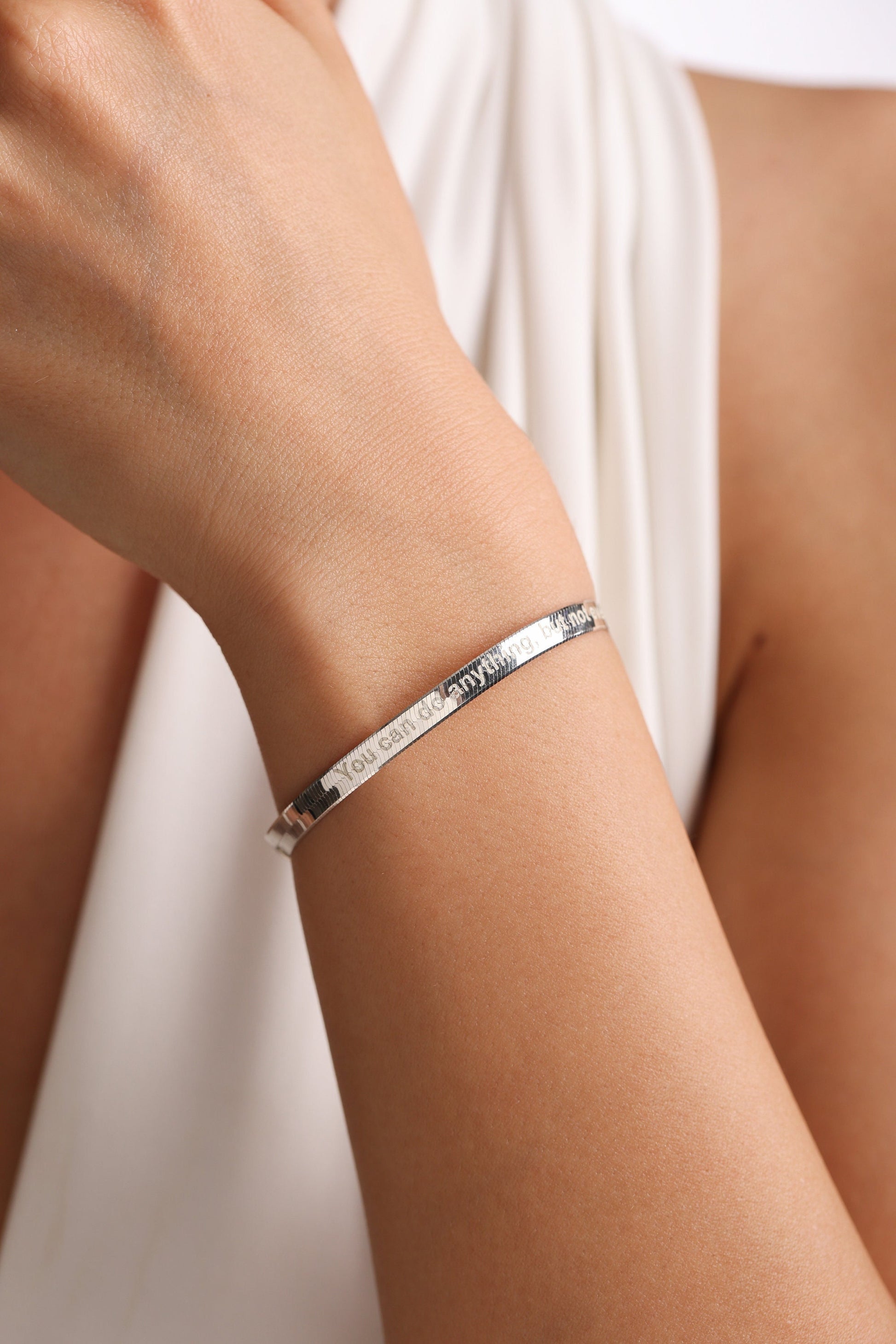 14K Gold Herringbone Bracelet: Personalized 925 Silver Snake Chain