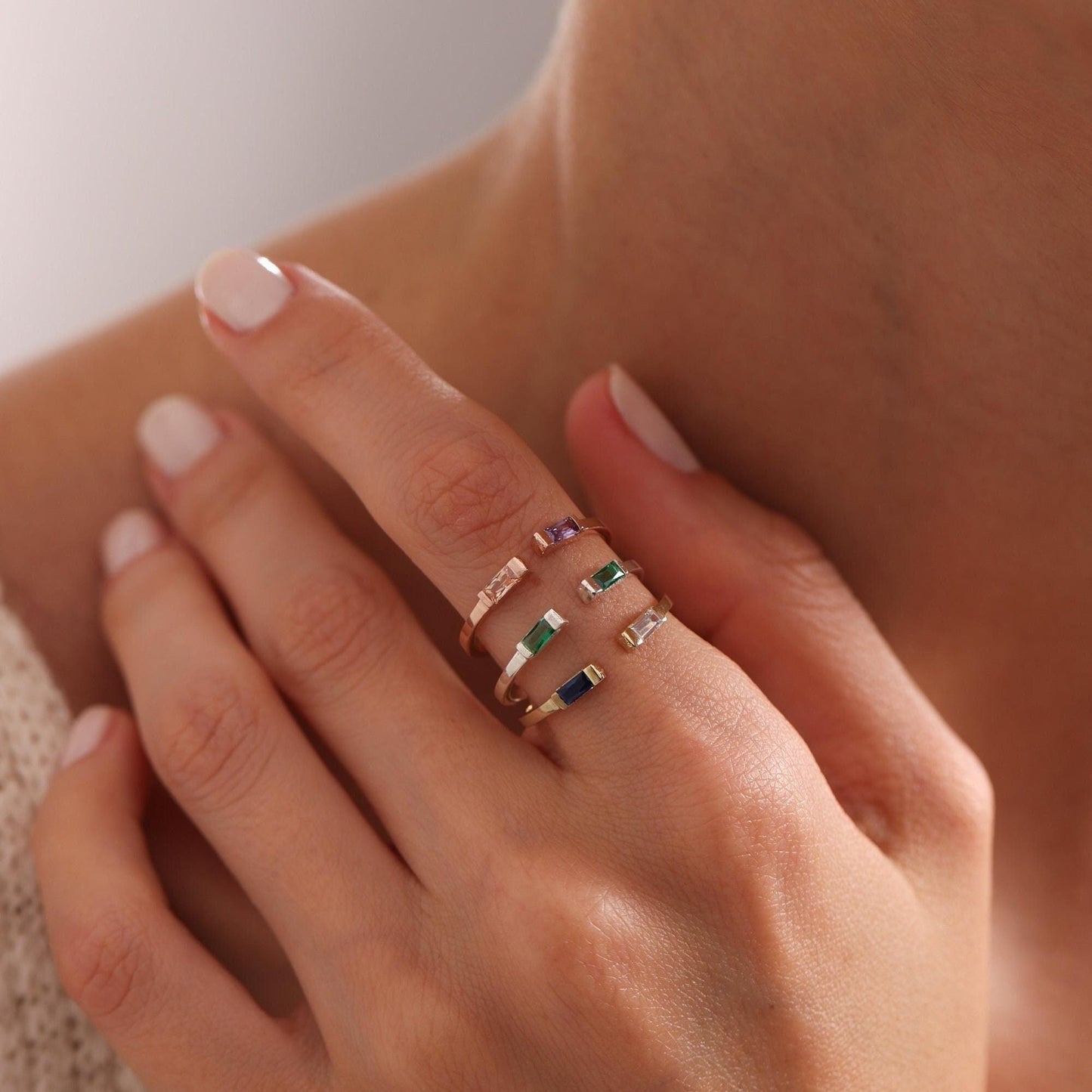 Personalized Sterling Silver Duo Birthstone Ring - Baguette Gemstone Jewelry