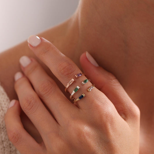 Personalized Sterling Silver Duo Birthstone Ring - Baguette Gemstone Jewelry