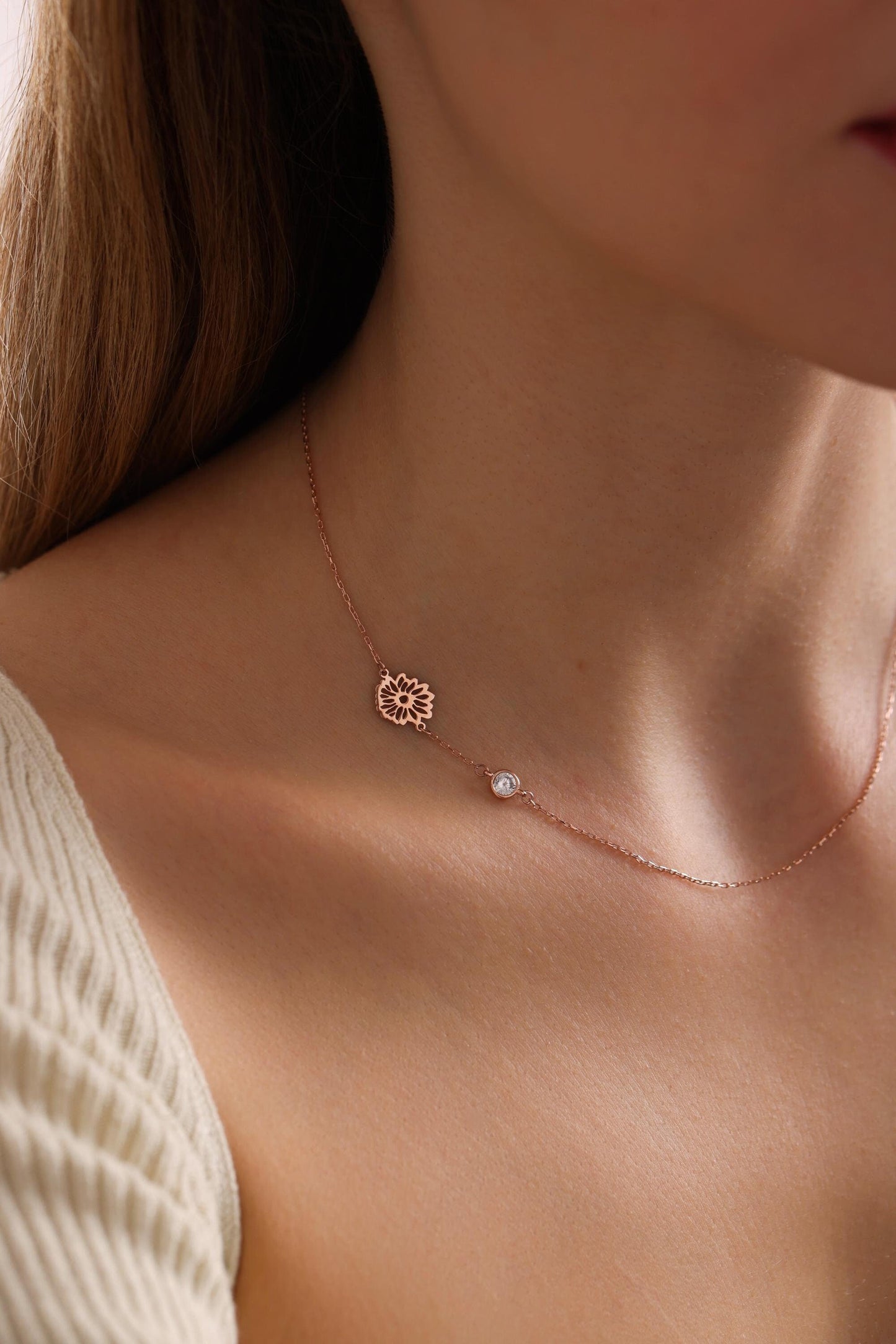 Dainty Sideway Birth Flower Necklace, Sterling Silver, Birthstone