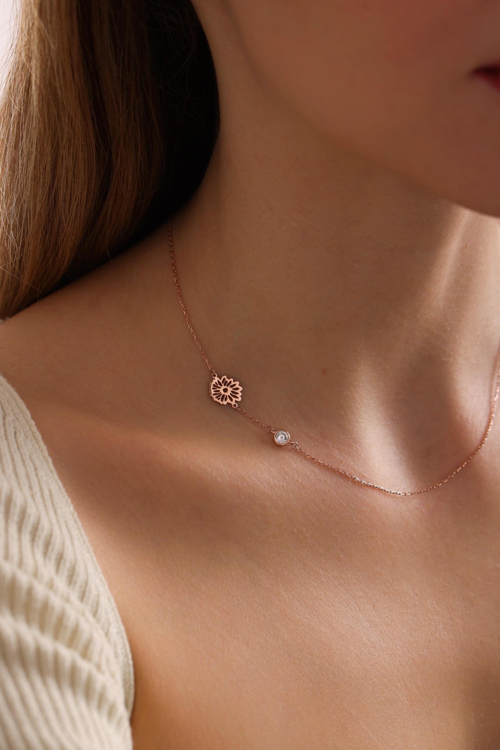Dainty Sideway Birth Flower Necklace, Sterling Silver, Birthstone