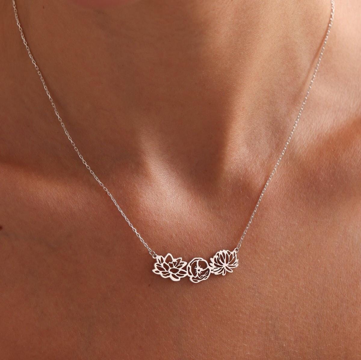 Sterling Silver Birth Flower Necklace: Personalized Family Necklace For Mom