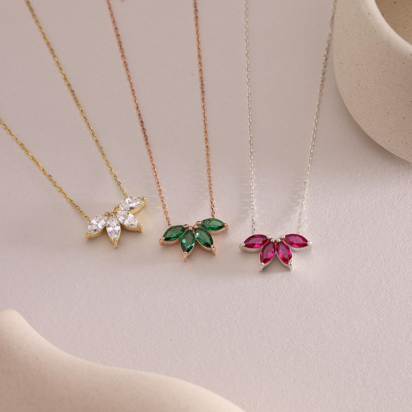 14K Solid Gold Birthstone Necklace: Marquise Flower Petal Diamond Pendant