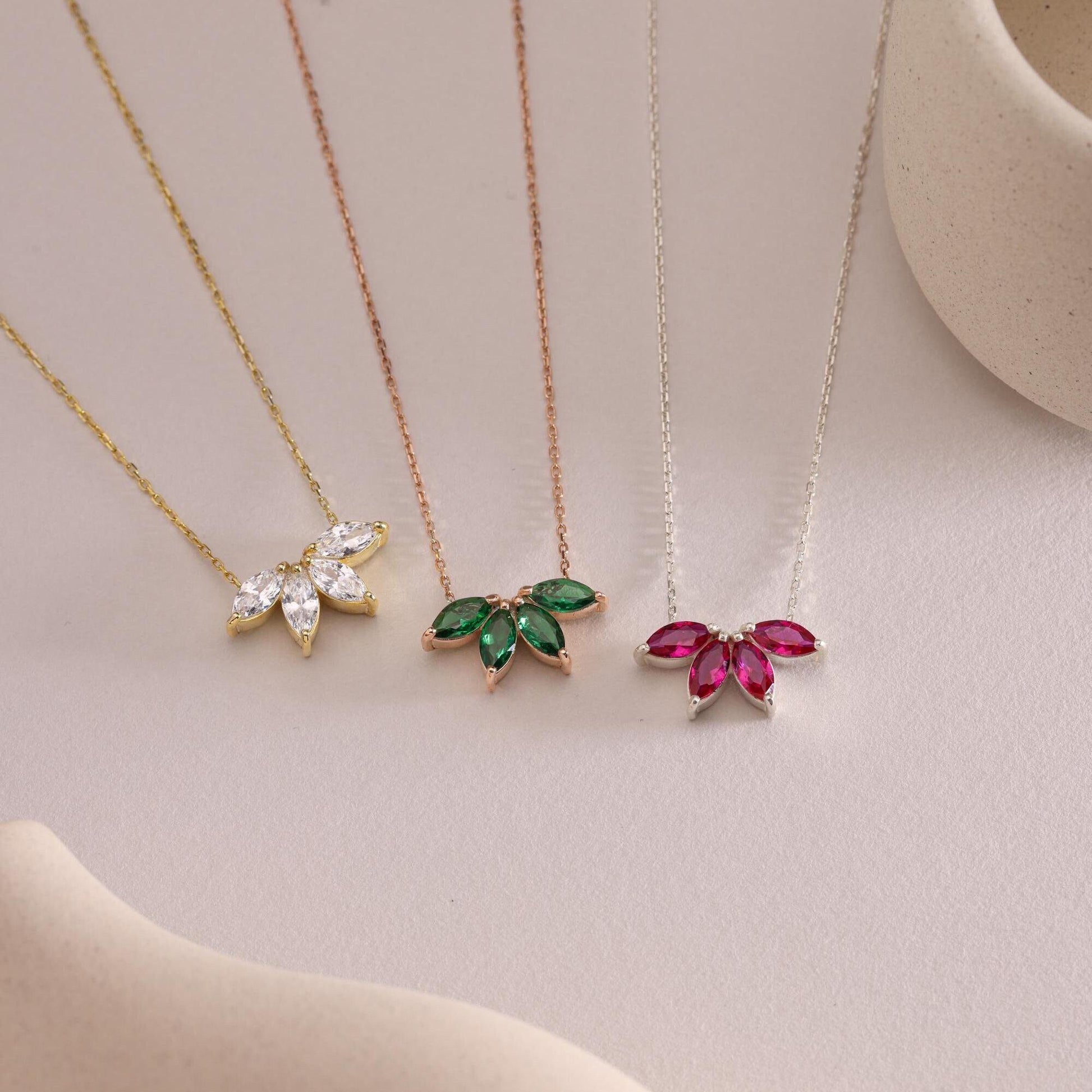 14K Solid Gold Birthstone Necklace: Marquise Flower Petal Diamond Pendant